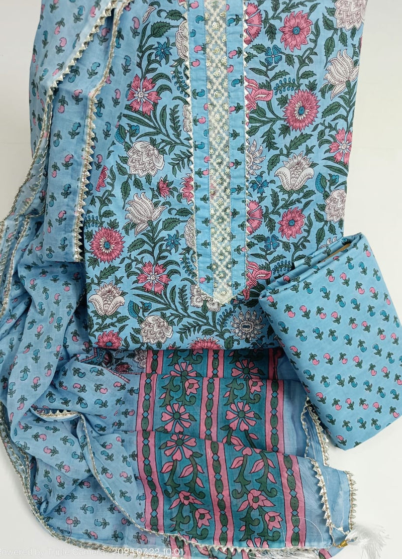 JAIPURI PRINTED COTTON NECK WORK SUITS WITH MULMUL DUPATTA (GOTAYS32)