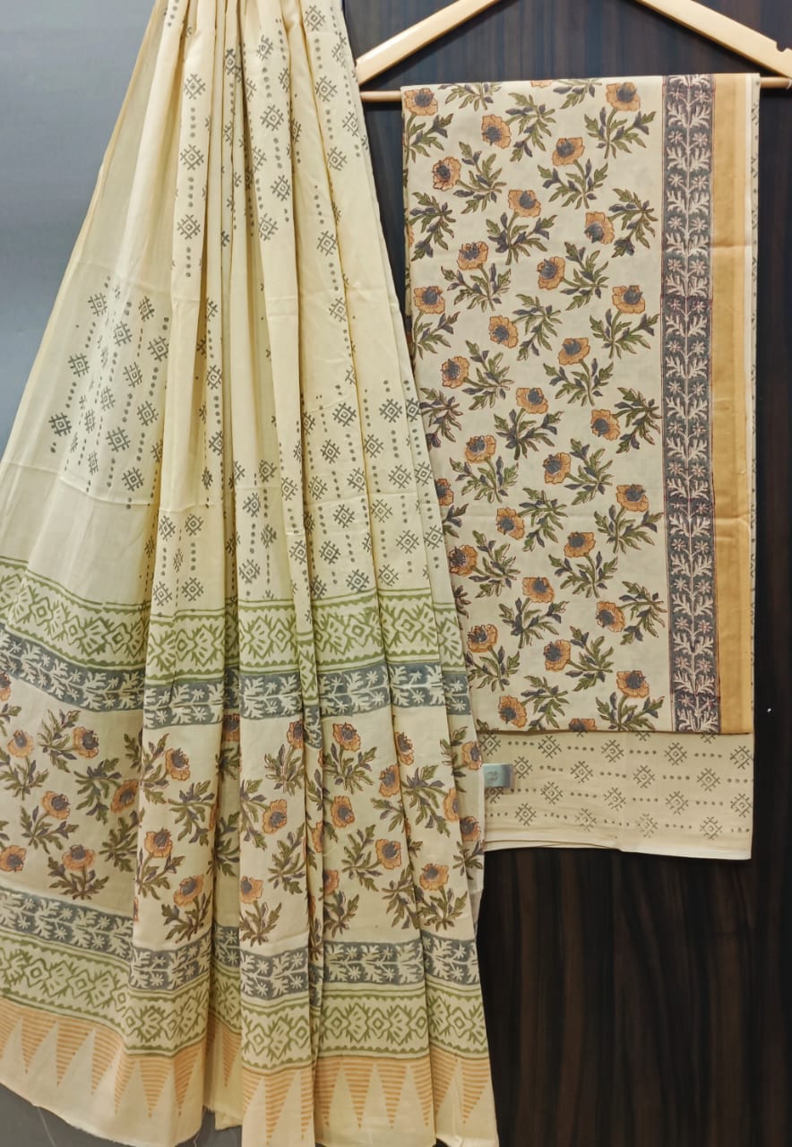 DESIGNER HAND BLOCK PRINT PURE COTTON SUIT WITH COTTON MULMUL DUPATTA (MALYS92)