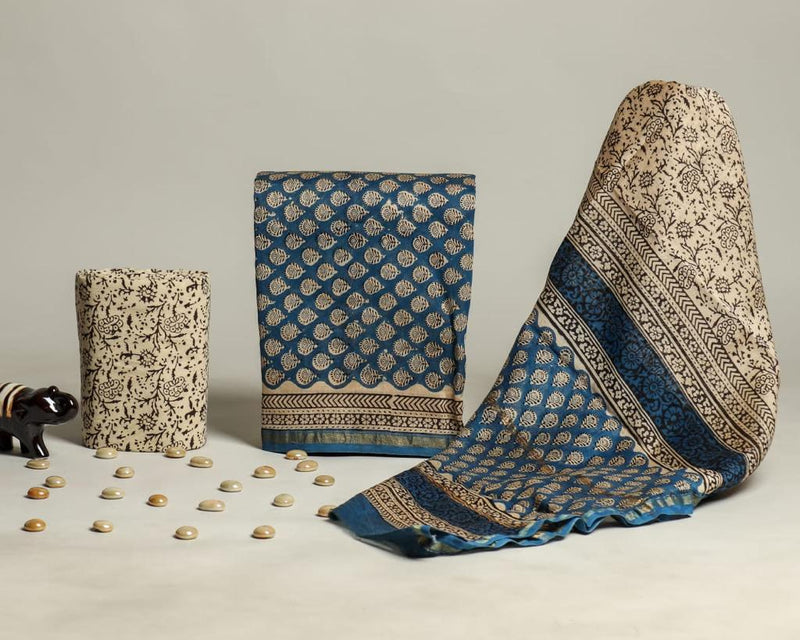 YUVI STYLE HAND PRINTED CHANDERI SILK SUIT SET WITH CHANDERI DUPATTA (CHDYS225)