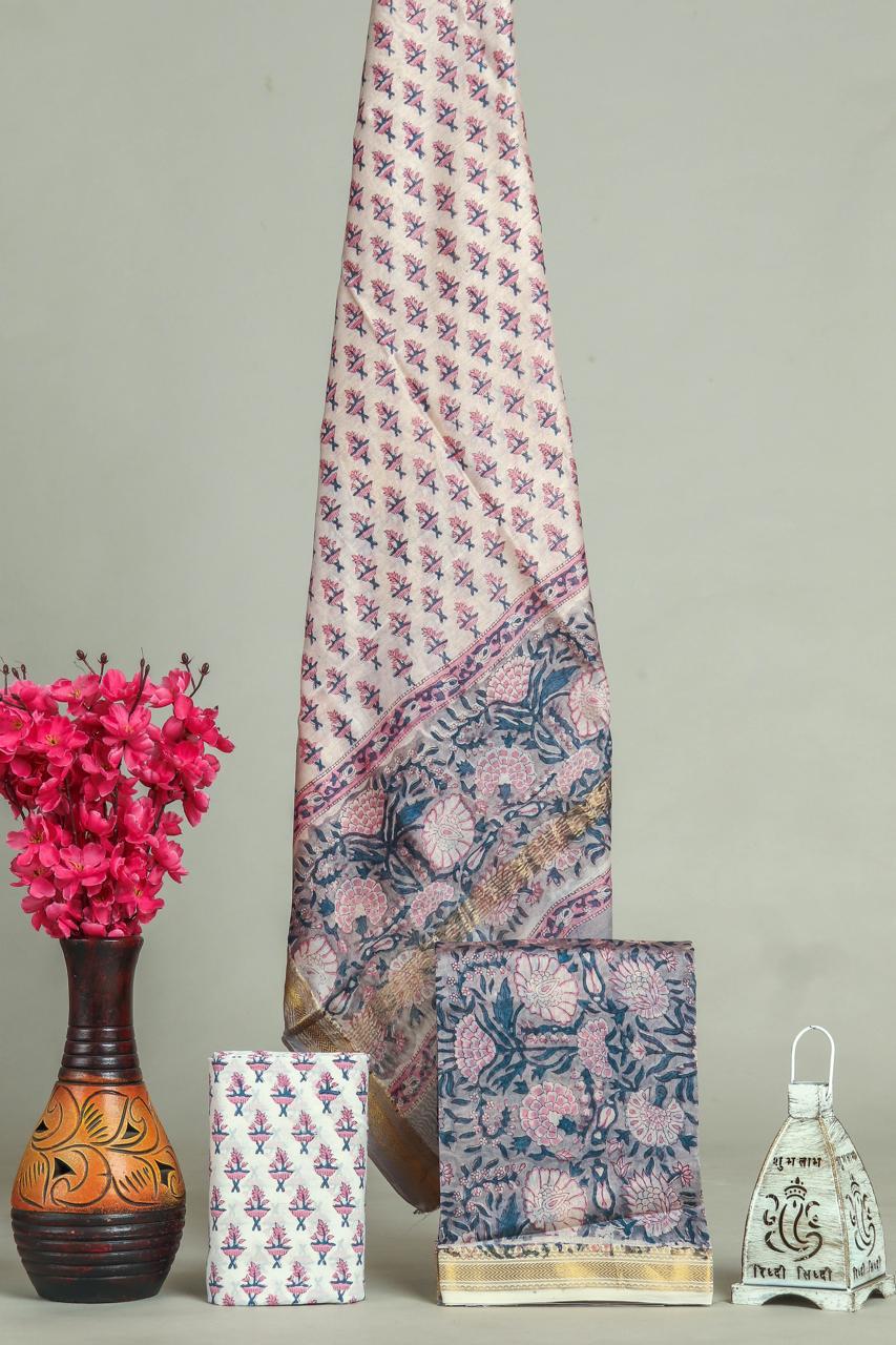 EXCLUSIVE HAND BLOCK PRINT MAHESHWARI SILK SUIT WITH MAHESHWARI SILK DUPPTA(MSLYS75)