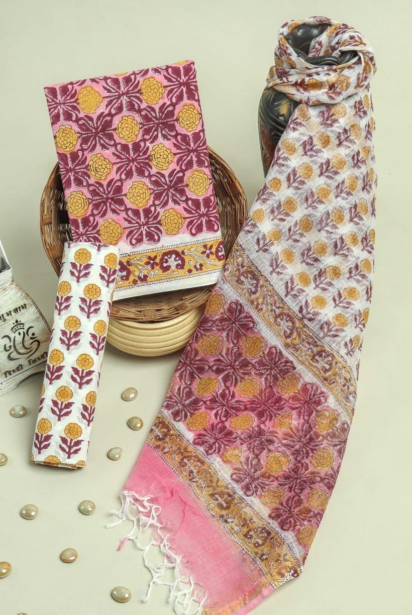 EXCLUSIVE HAND BLOCK PRINT PURE COTTON SUIT MATERIAL WITH KOTA DORIA DUPATTA (3CKDYS88)