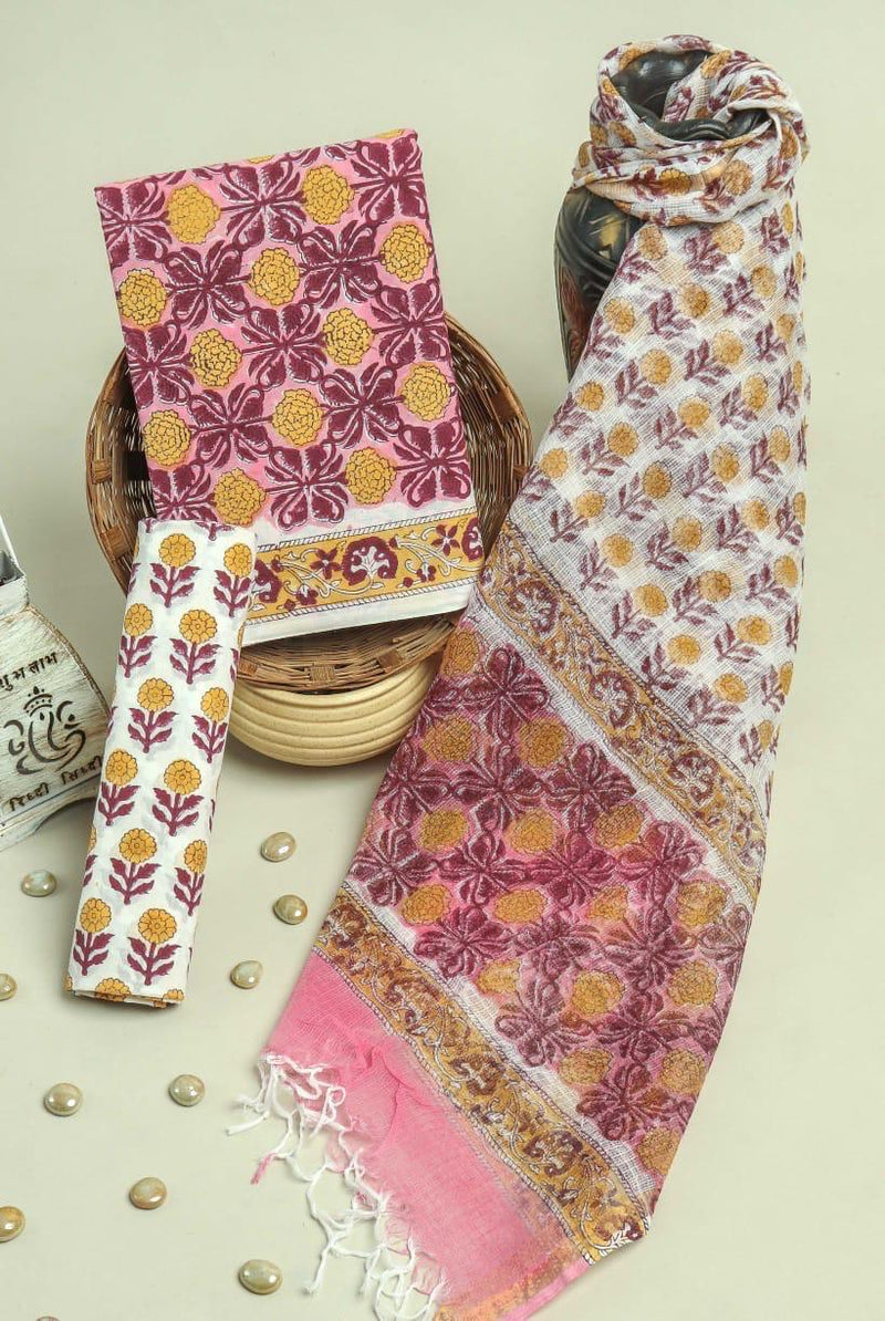 EXCLUSIVE HAND BLOCK PRINT PURE COTTON SUIT MATERIAL WITH KOTA DORIA DUPATTA (3CKDYS88)