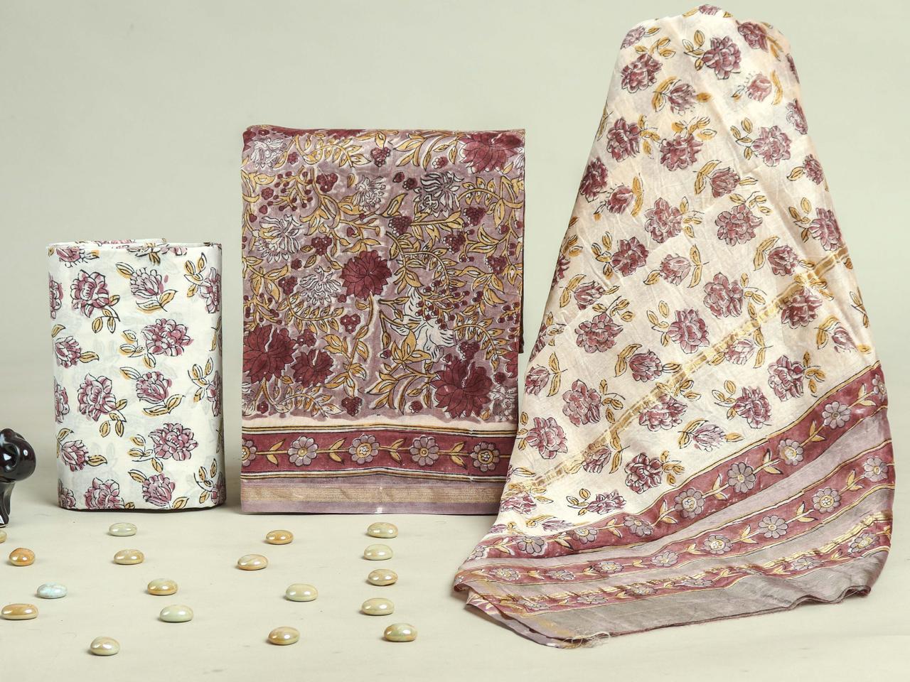 DESIGNER HAND BLOCK PRINT CHANDERI SILK SUIT WITH PREMIUM CHANDERI DUPATTA (CHDYS299)