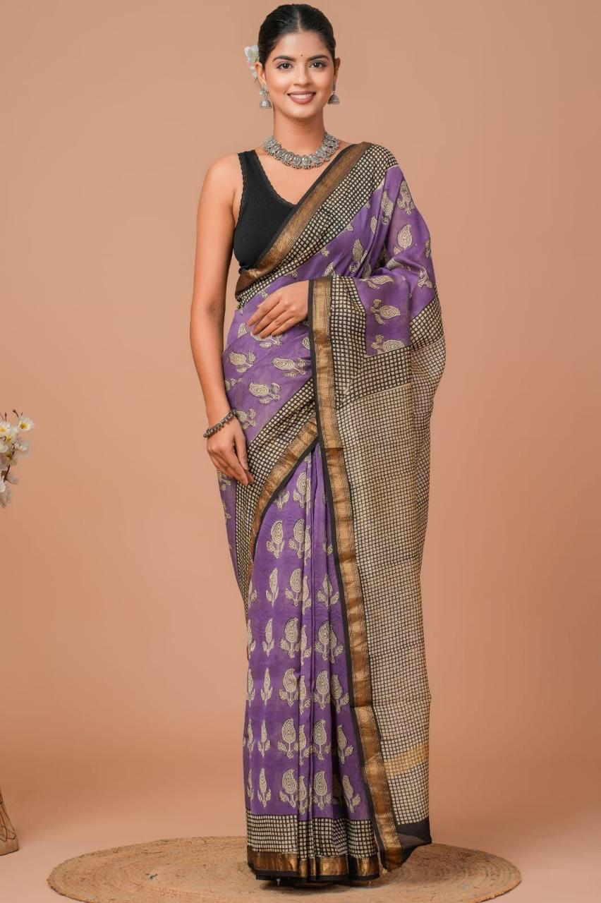 DESIGNER HAND BLOCK PRINTED MAHESWARI SILK SAREE ( MSYS45)
