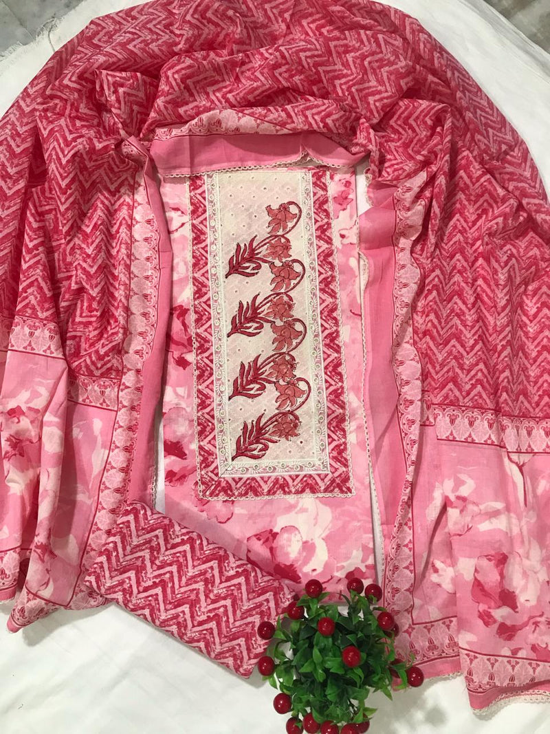 SANGANERI PRINT COTTON SUIT MATERIAL WITH COTTON DUPATTA  NECK WORK (GOTAYS117)
