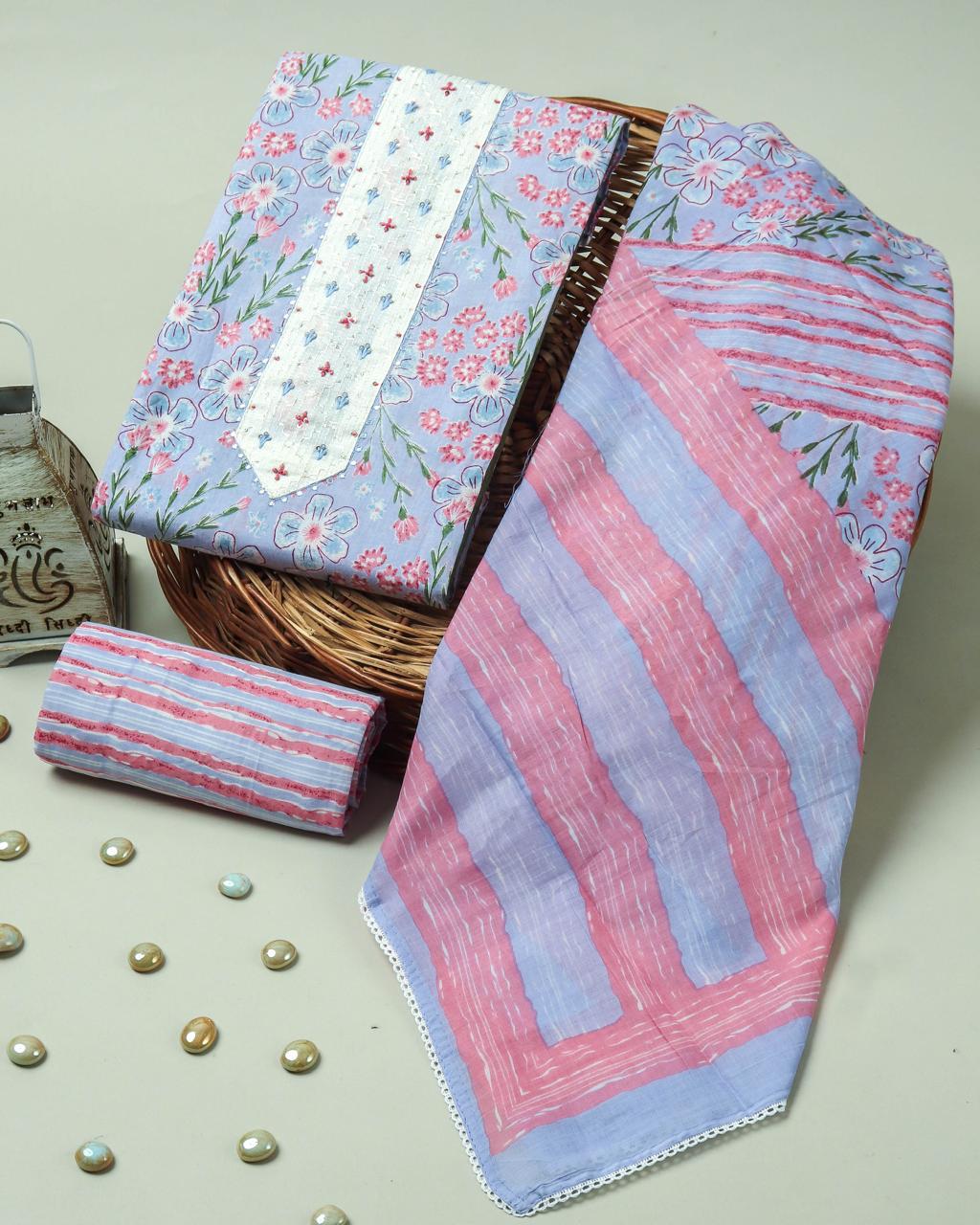 JAIPURI PRINTED COTTON NECK WORK SUITS WITH MULMUL DUPATTA  (GOTAYS14)