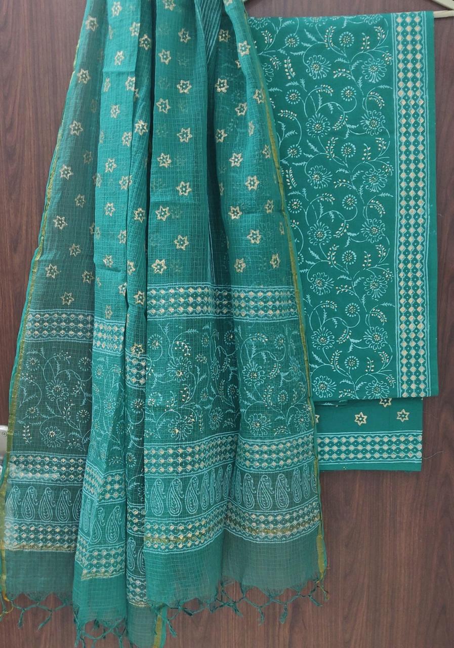 TRADITIONAL HAND BLOCK PRINT PURE COTTON SUIT MATERIAL WITH KOTA DORIA DUPATTA (3CKDYS95)