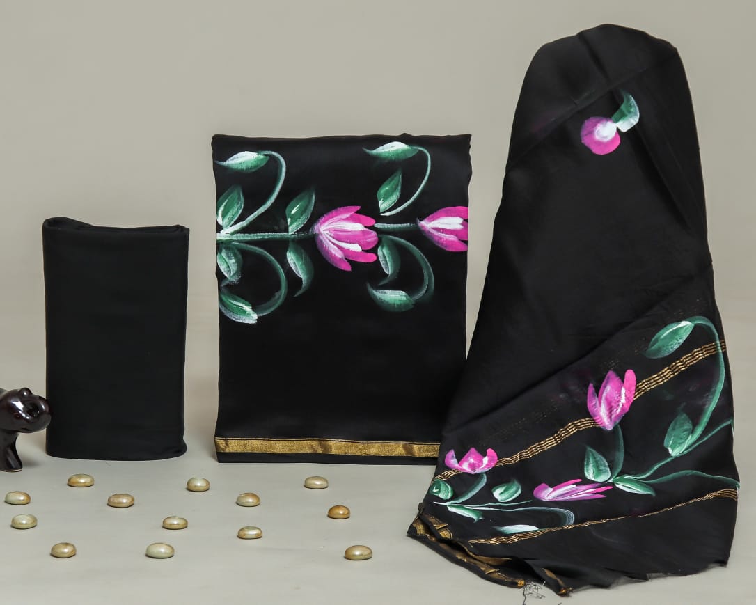 TRADITIONAL HAND BLOCK CHANDERI SILK SUIT SET WITH CHANDERI DUPATTA (CHDYS259)