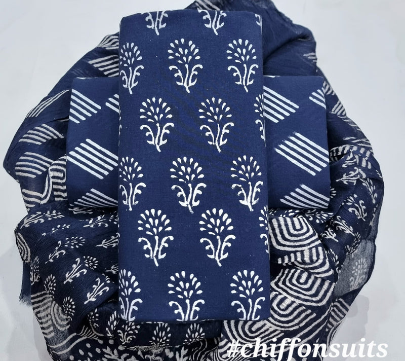 TRADITIONAL HAND BLOCK PRINT PURE COTTON SUIT WITH CHIFFION DUPTTA (PCHFYS154)