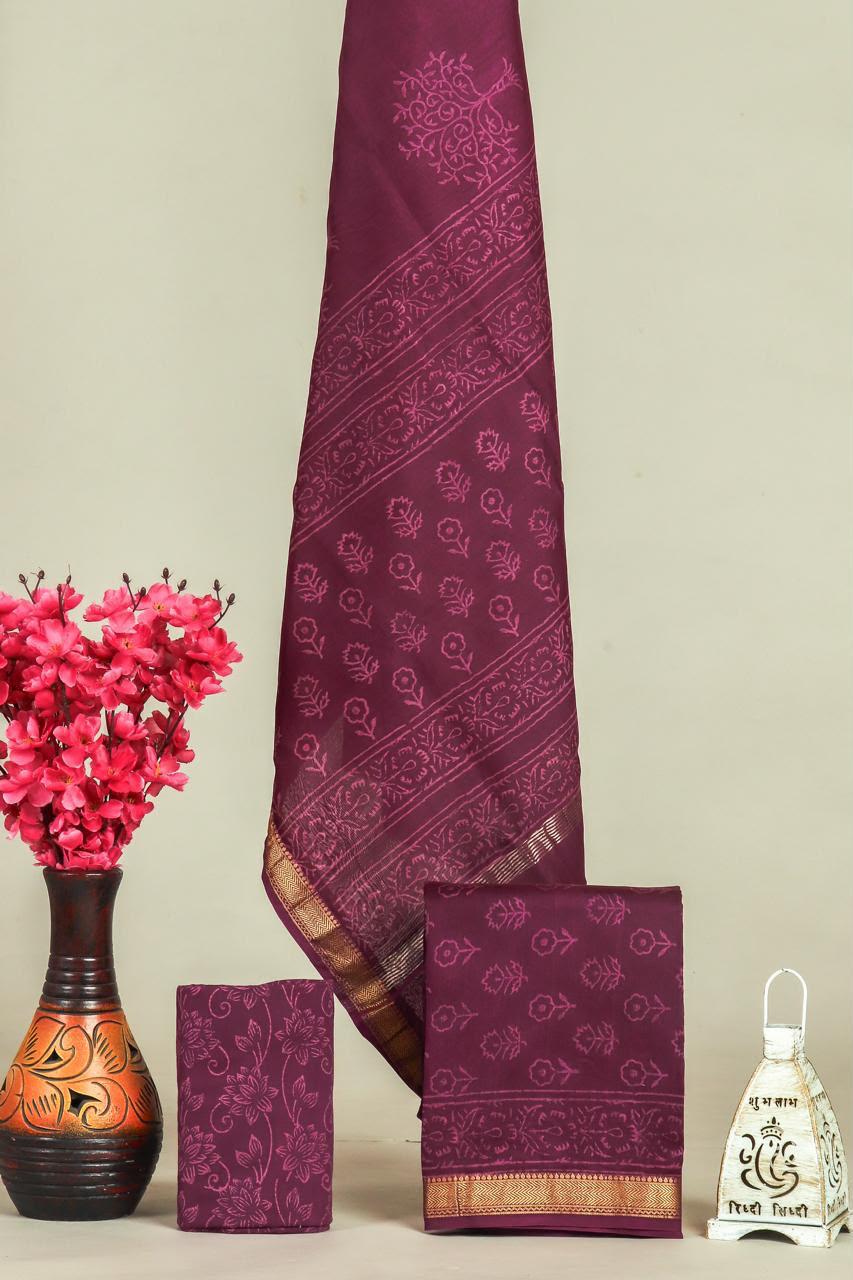DESIGNER HAND BLOCK PRINT MAHESHWARI SILK SUIT SET (MSLYS80)