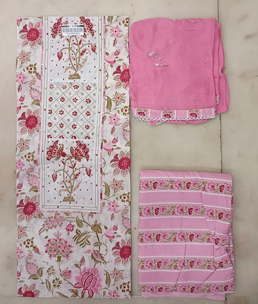 SANGANERI PRINT COTTON SUIT MATERIAL WITH CHIFFION DUPATTA GOTTA NECK WORK (GOTAYS124)