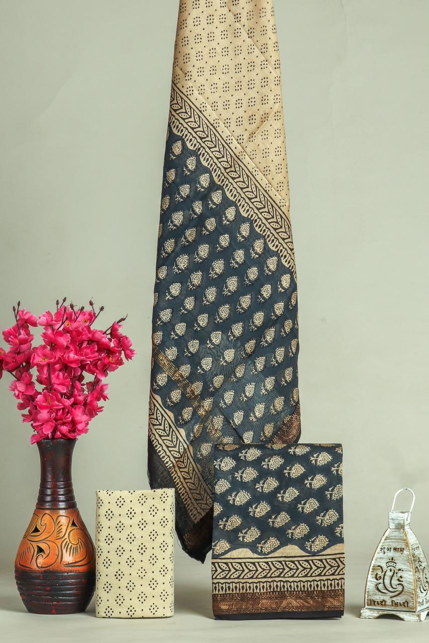 DESIGNER HAND BLOCK PRINT MAHESHWARI SILK SUIT SET (MSLYS65)