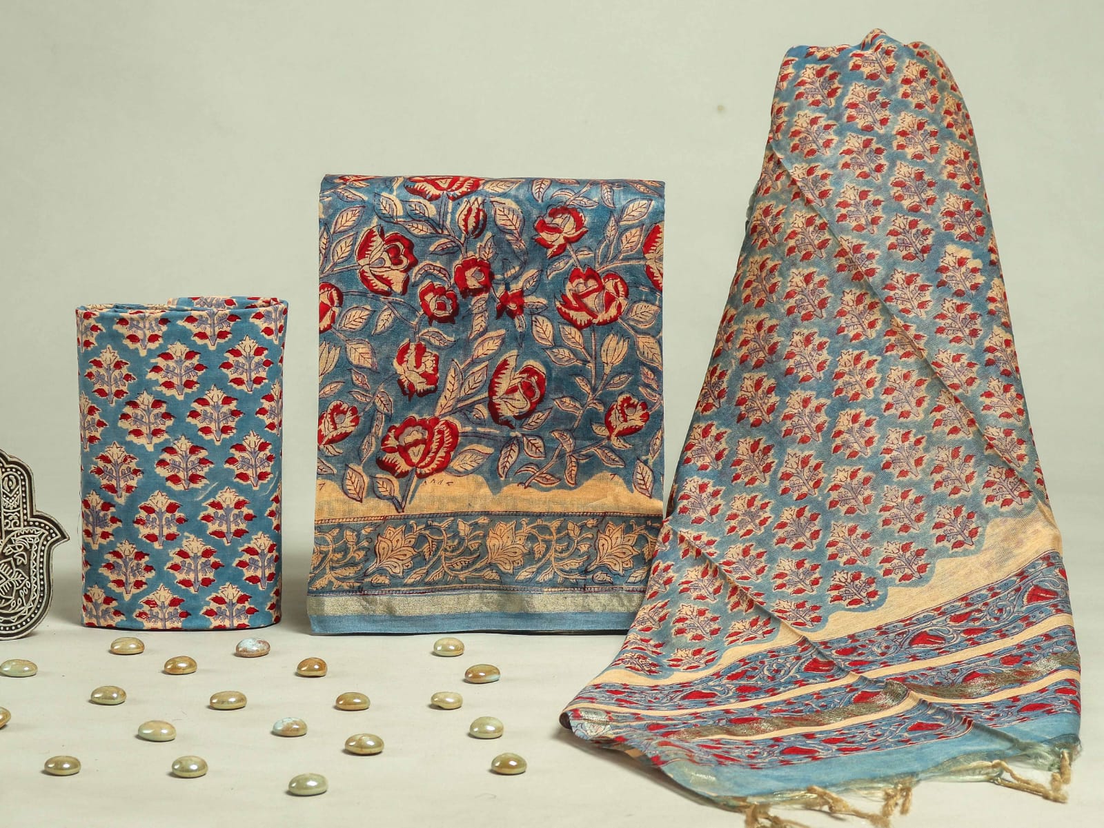 HAND BLOCK CHANDERI SILK SUIT SET WITH CHANDERI DUPATTA (CHDYS265)