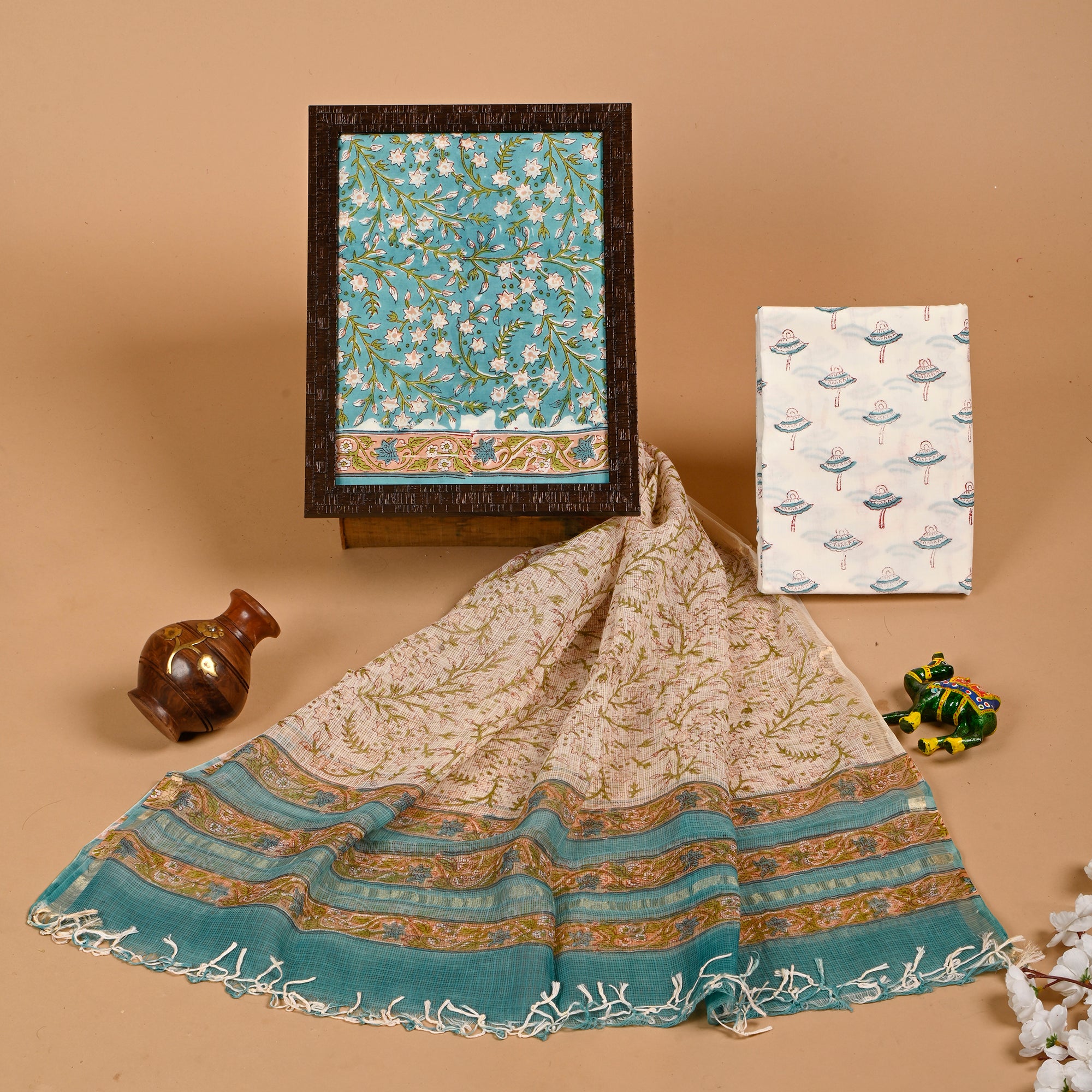 DESIGNER HAND BLOCK PRINT PURE COTTON SUIT MATERIAL WITH KOTA DORIA DUPATTA (3CKDYS36)