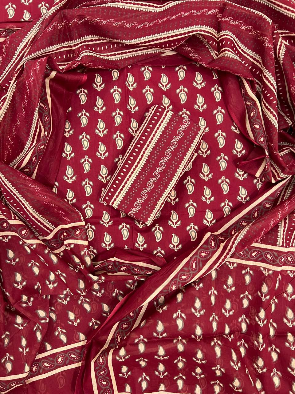 DESIGNER HAND BLOCK PRINT PURE COTTON SUIT WITH COTTON MULMUL DUPATTA (MALYS136)