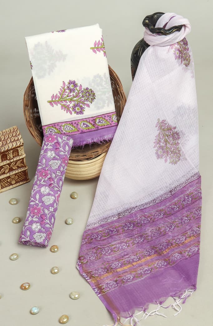 Designer Hand Block Print Pure Cotton Suit Material with Kota Doria Dupatta (3CKDYS06)