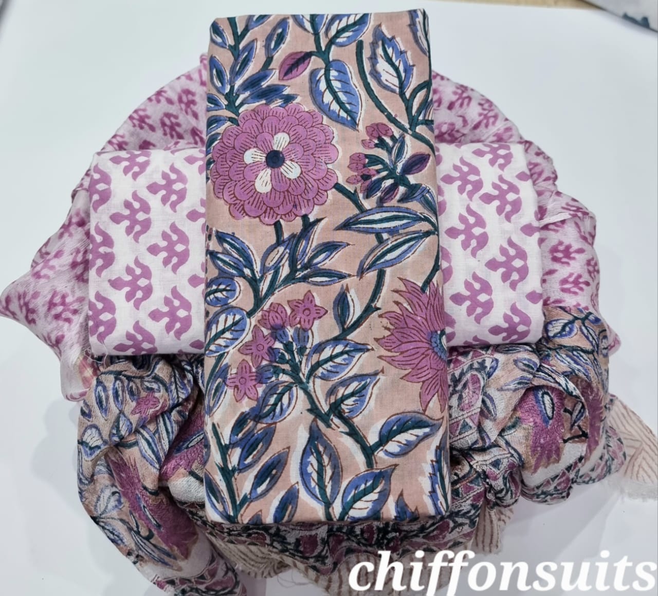 TRADITIONAL HAND PRINTED PURE COTTON SUIT WITH CHIFFION DUPTTA (PCHFYS129)