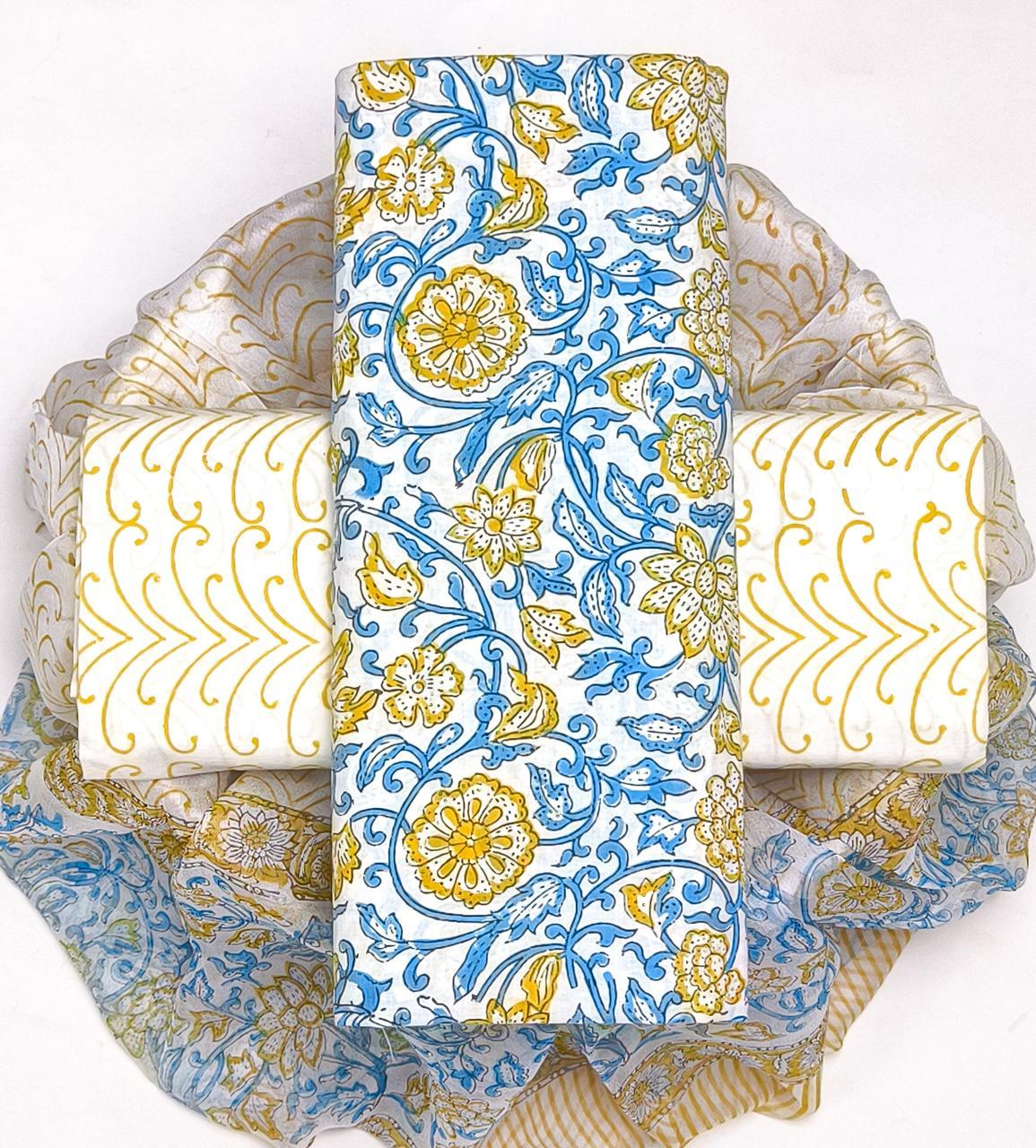 EXCLUSIVE HAND BLOCK PRINT PURE COTTON SUIT WITH CHIFFION DUPTTA (PCHFYS75)