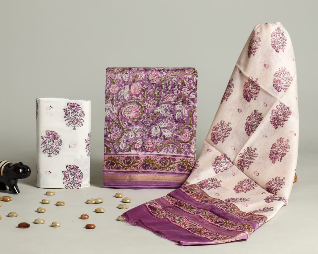 DESIGNER HAND BLOCK PRINT CHANDERI SILK SUIT SET WITH PREMIUM CHANDERI DUPATTA (CHDYS81)