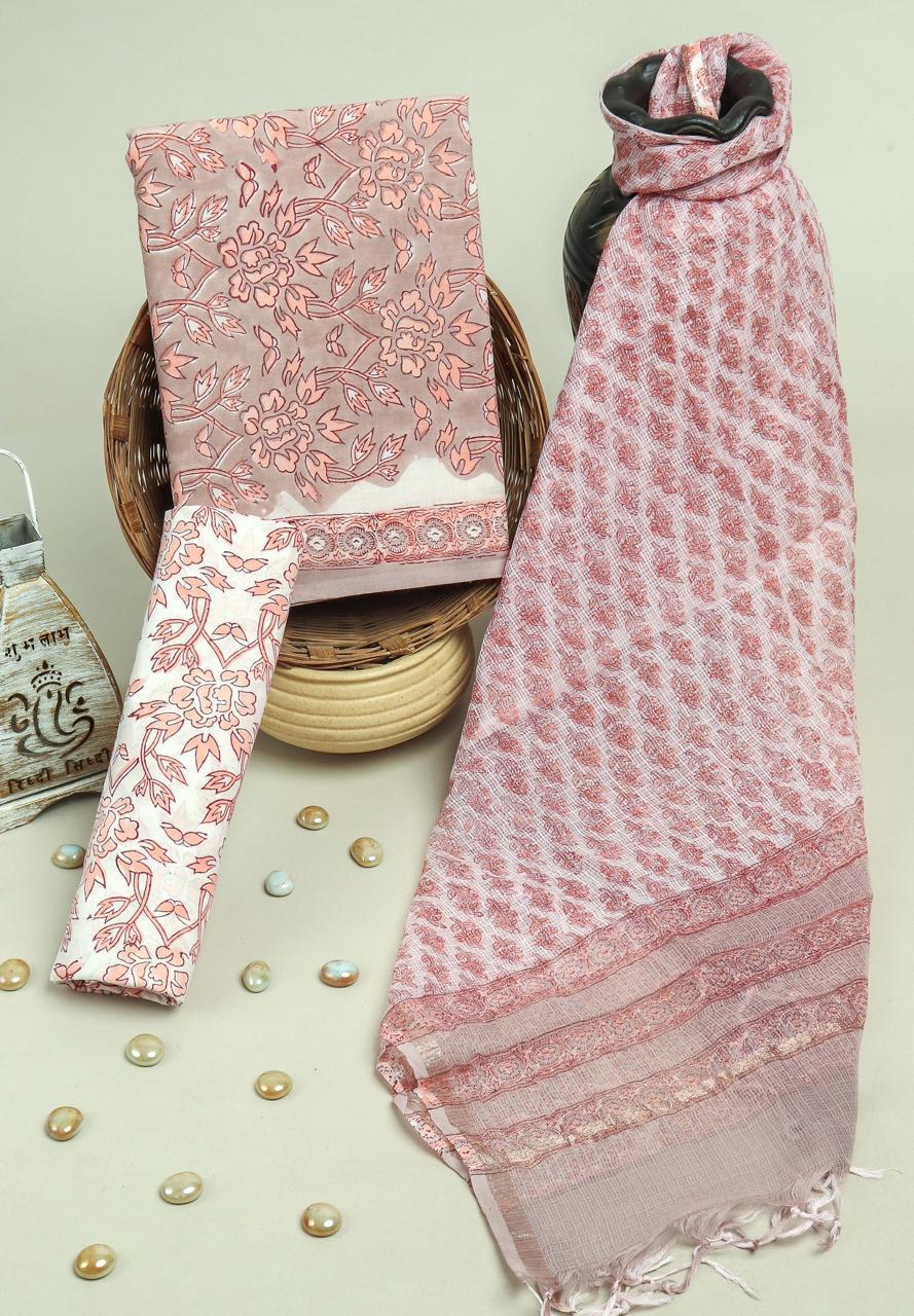 DESIGNER HAND BLOCK PRINT PURE COTTON SUIT WITH KOTA DORIA DUPATTA (3CKDYS103)