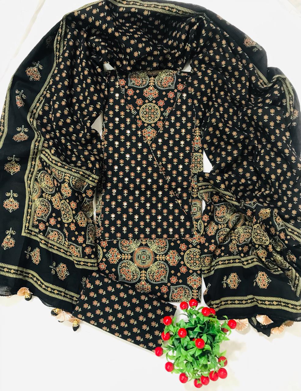 Sanganeri print cotton suit material with cotton dupatta Neck work (GOTAYS98)