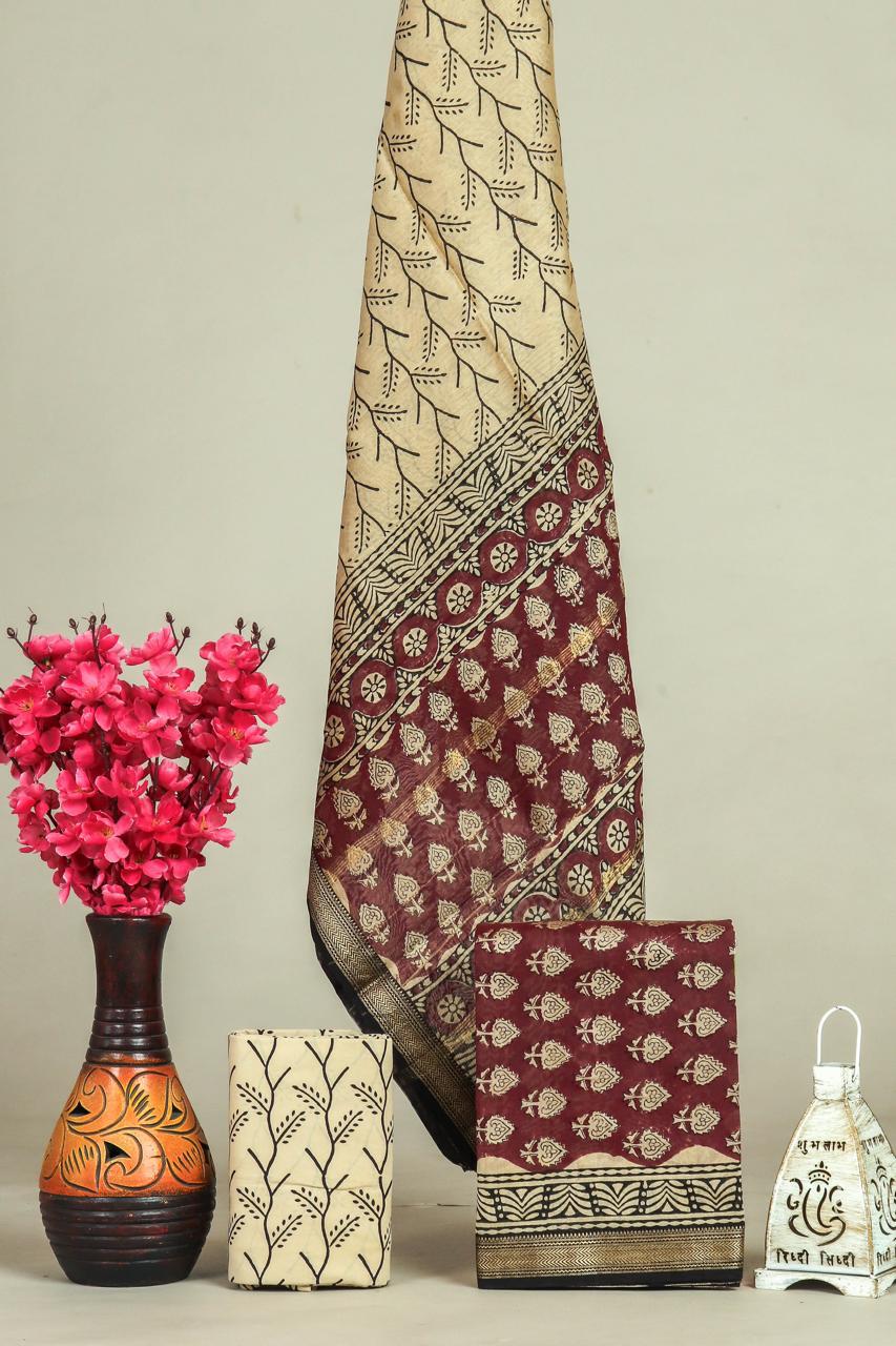 EXCLUSIVE  HAND BLOCK PRINT MAHESHWARI SILK SUIT WITH MAHESHWARI SILK (MSLYS93)