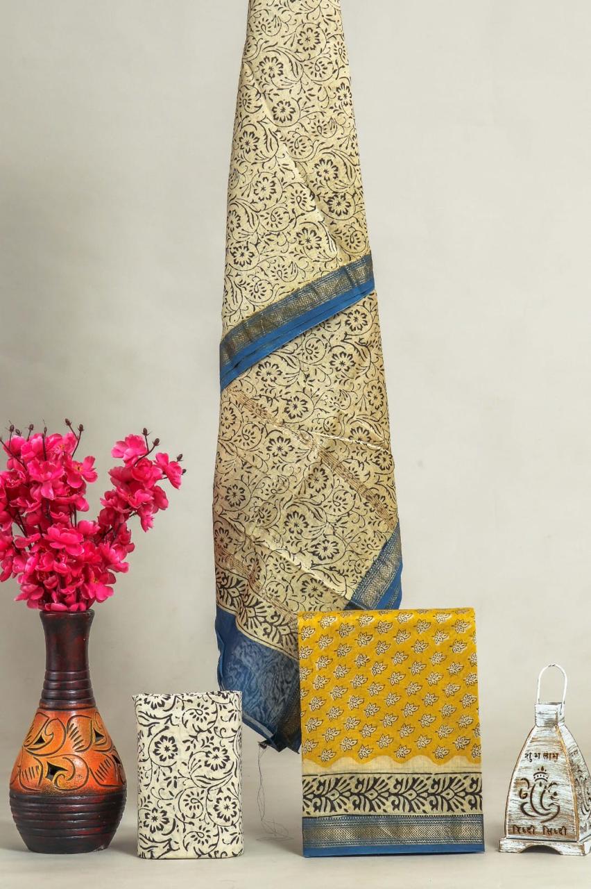 DESIGNER HAND BLOCK PRINT MAHESHWARI SILK SUIT SET (MSLYS84)