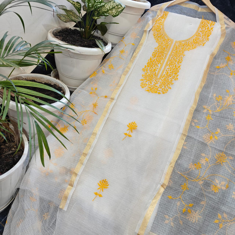 Beautiful Kota Doria Suit In White Colour With Yellow Embroidery Work (FKDYS103)