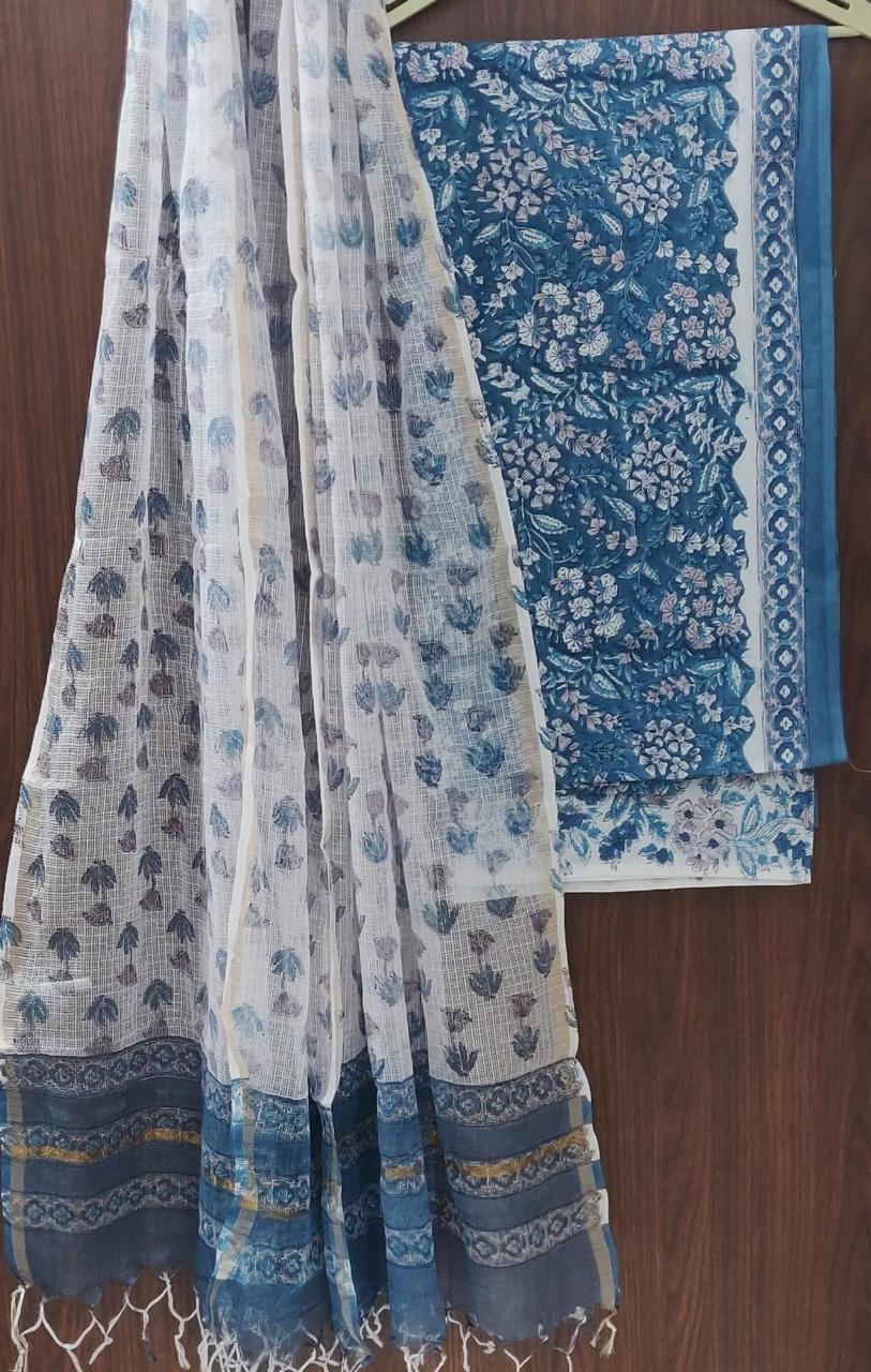 TRADITIONAL HAND HAND BLOCK PURE COTTON SUIT WITH KOTA DORIA DUPATTA (3CKDYS260)
