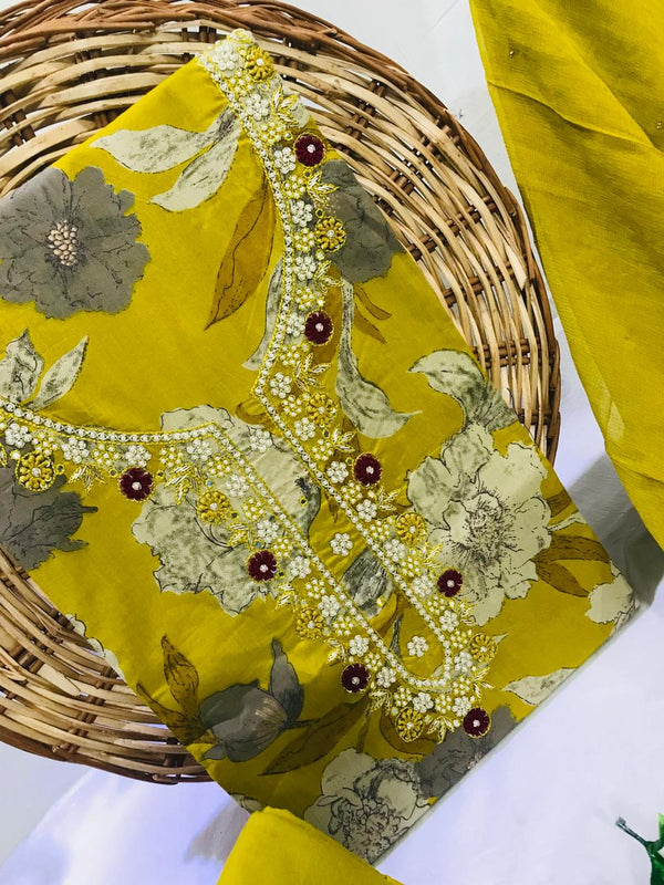SANGANERI PRINT COTTON SUIT MATERIAL WITH  CHIFFION DUPATTA  NECK WORK (GOTAYS129)