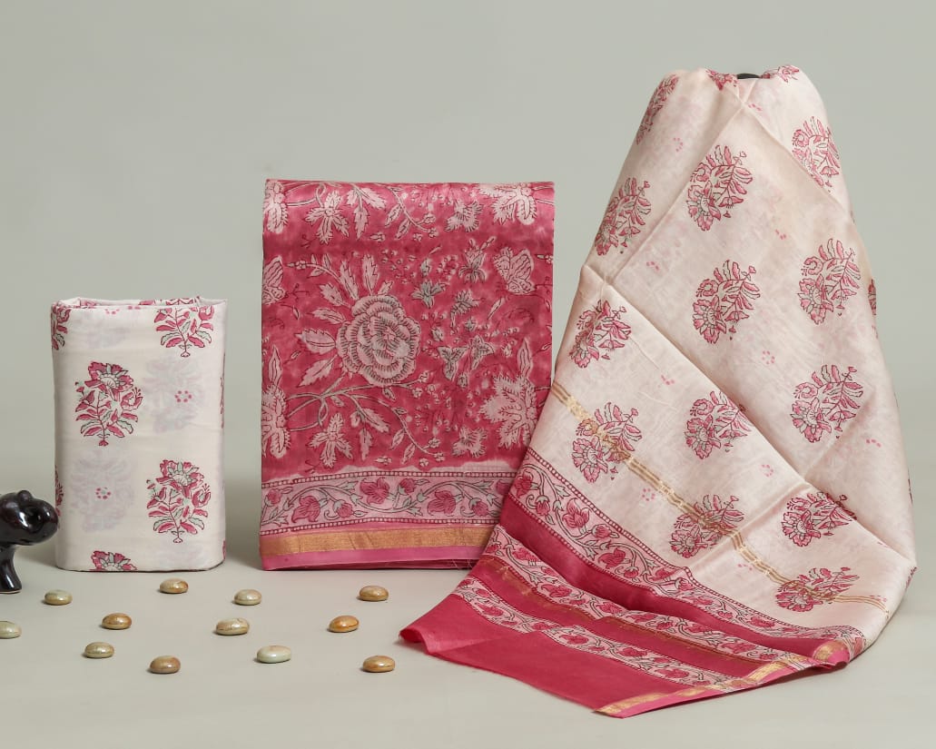 TRADITIONAL HAND BLOCK AJRAK PRINT CHANDERI SILK SUIT SET WITH CHANDERI DUPATTA (CHDYS98)