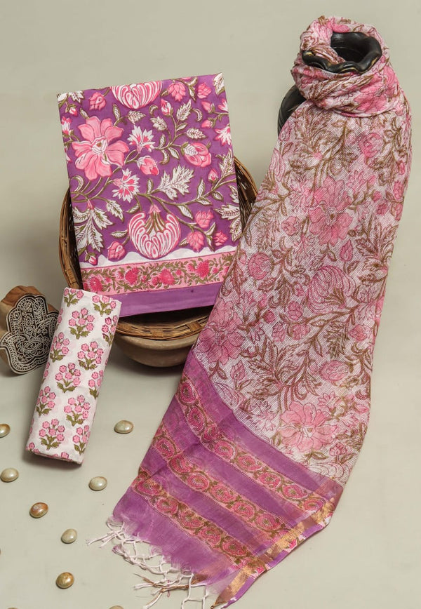 Elegant Pure Cotton Hand Block Print Dress Material with Kota Doria Dupatta main image 1