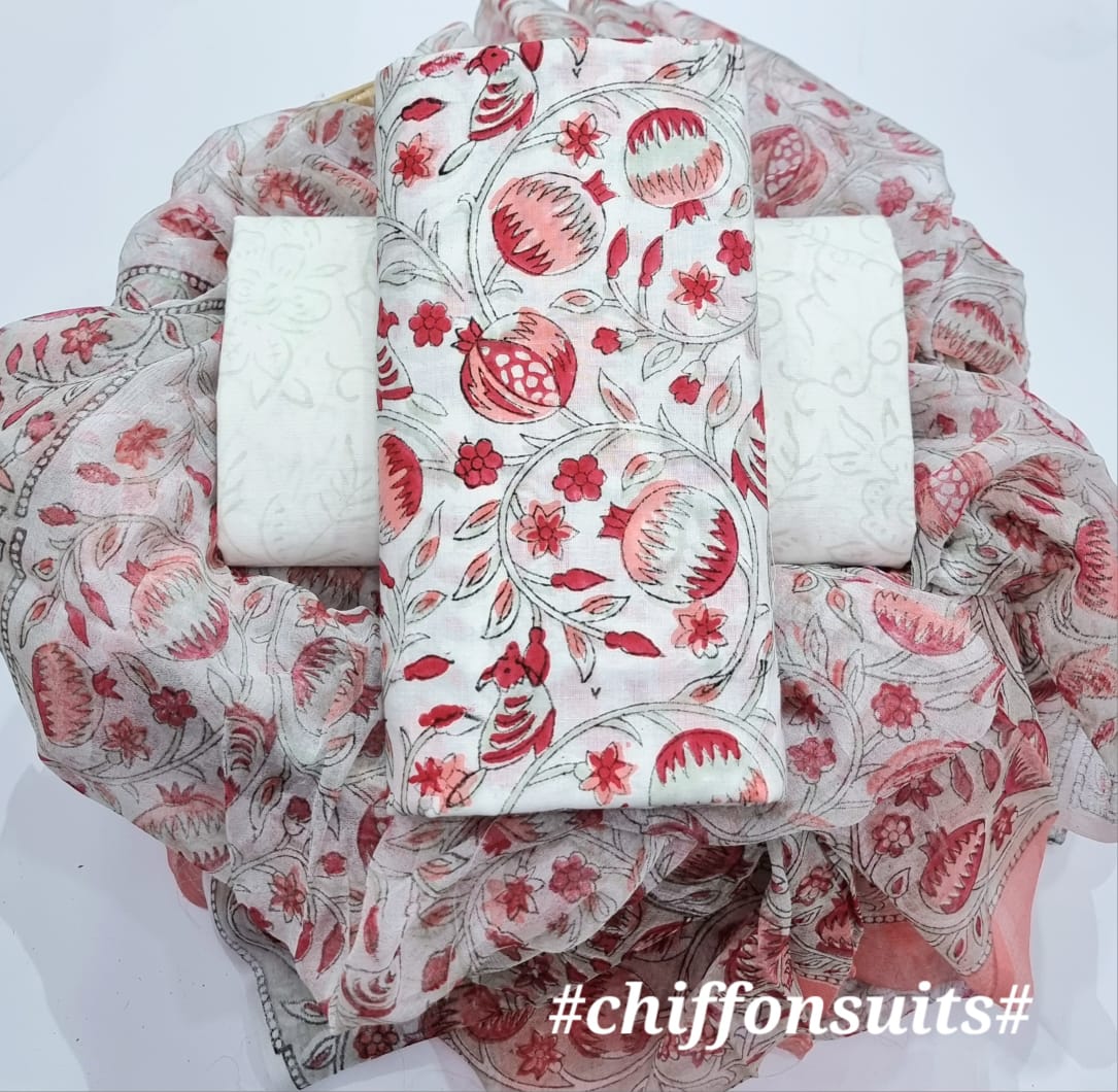 HAND BLOCK  PRINT  COTTON SUIT WITH CHIFFION DUPTTA (PCHFYS95)