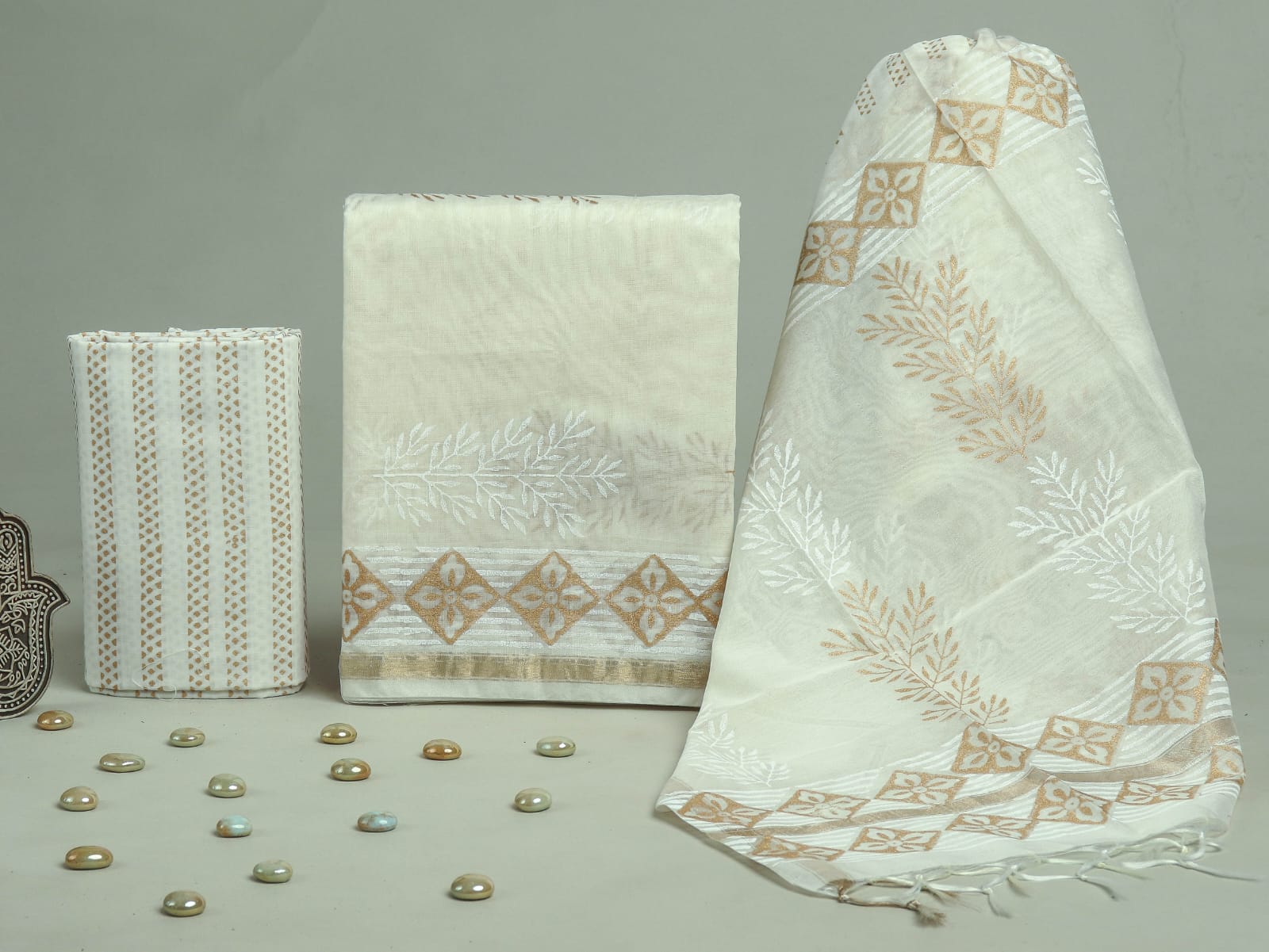 ELEGANT HAND BLOCK CHANDERI SILK SUIT SET WITH CHANDERI DUPATTA (CHDYS223)
