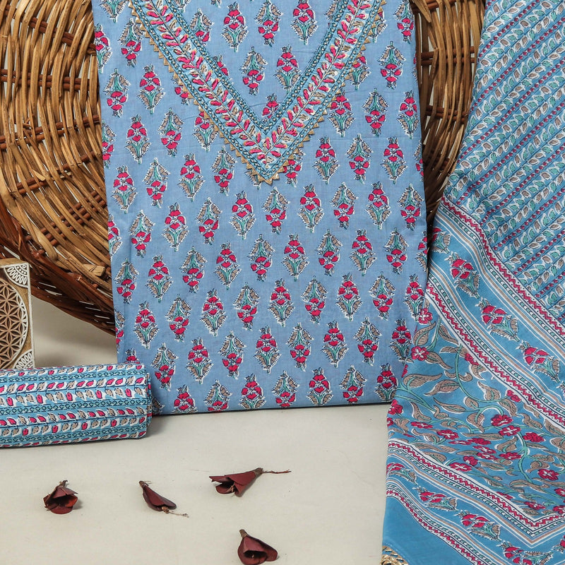 SANGANERI PRINT COTTON SUIT MATERIAL WITH COTTON DUPATTA WITH GOTA HAND WORK (GOTAYS80)