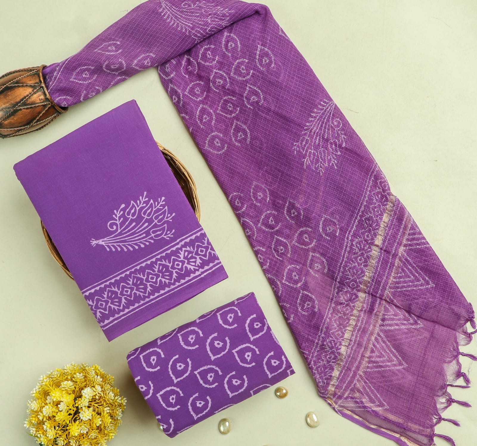 DESIGNER HAND BLOCK PRINT PURE COTTON SUIT MATERIAL WITH KOTA DORIA DUPATTA (3CKDYS58)