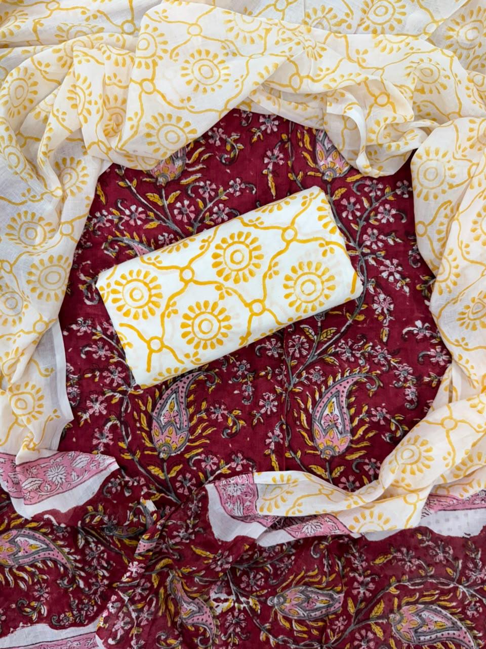 DESIGNER HAND BLOCK PRINT PURE COTTON SUIT WITH MULMUL DUPATTA (MALYS97)