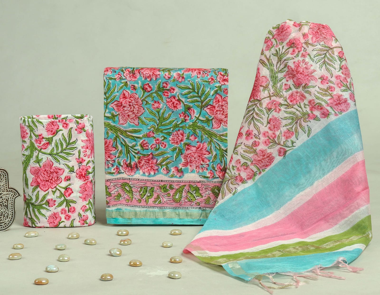 EXCLUSIVE  HAND BLOCK CHANDERI SILK SUIT SET WITH CHANDERI DUPATTA (CHDYS146)