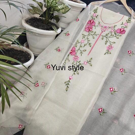 Yuvi Style White Kota Doria Suit With Embroidery Work (FKDYS110)