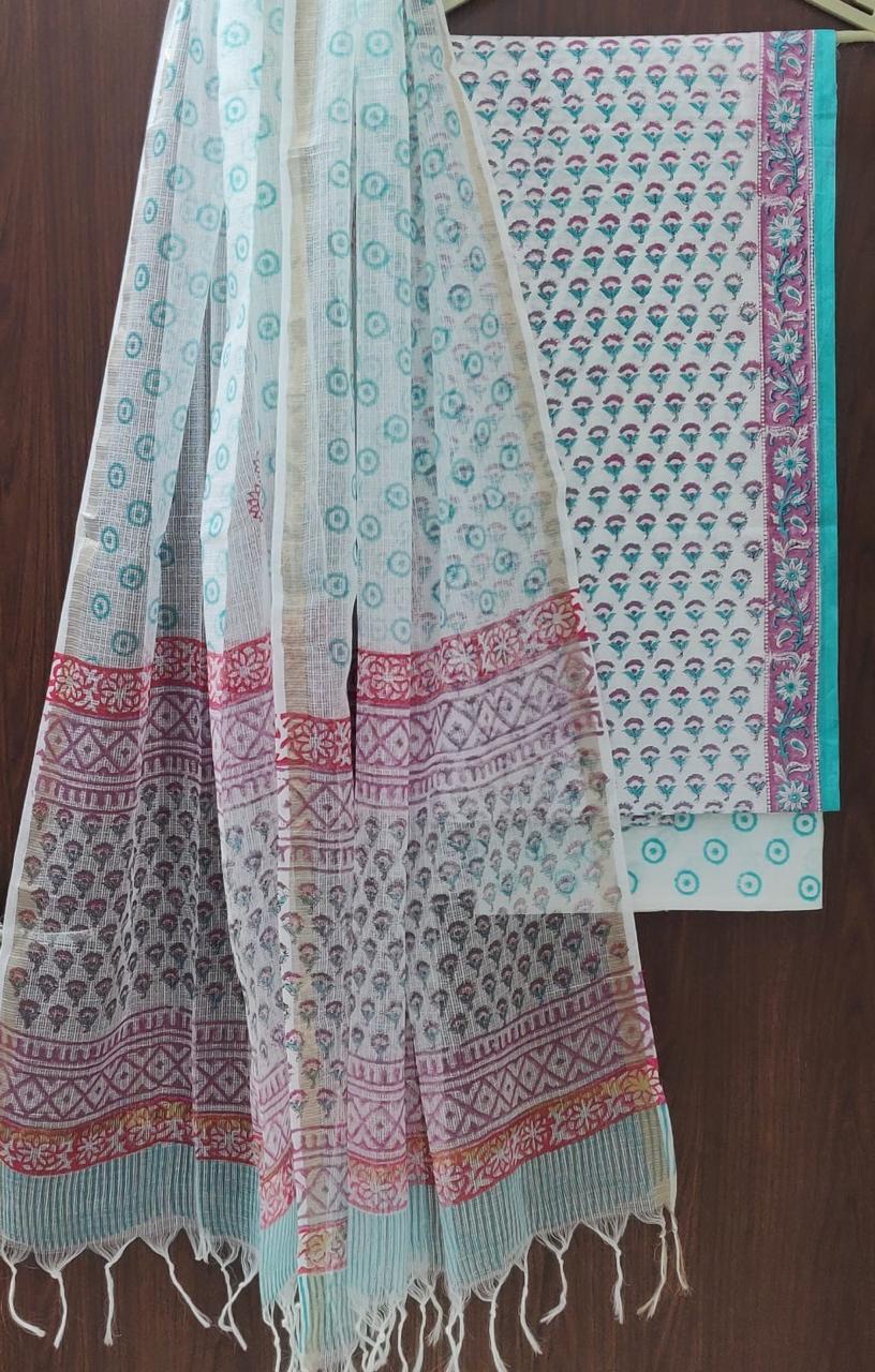 DESIGNER HAND BLOCK PRINT PURE COTTON SUIT MATERIAL WITH KOTA DORIA DUPATTA (3CKDYS85)
