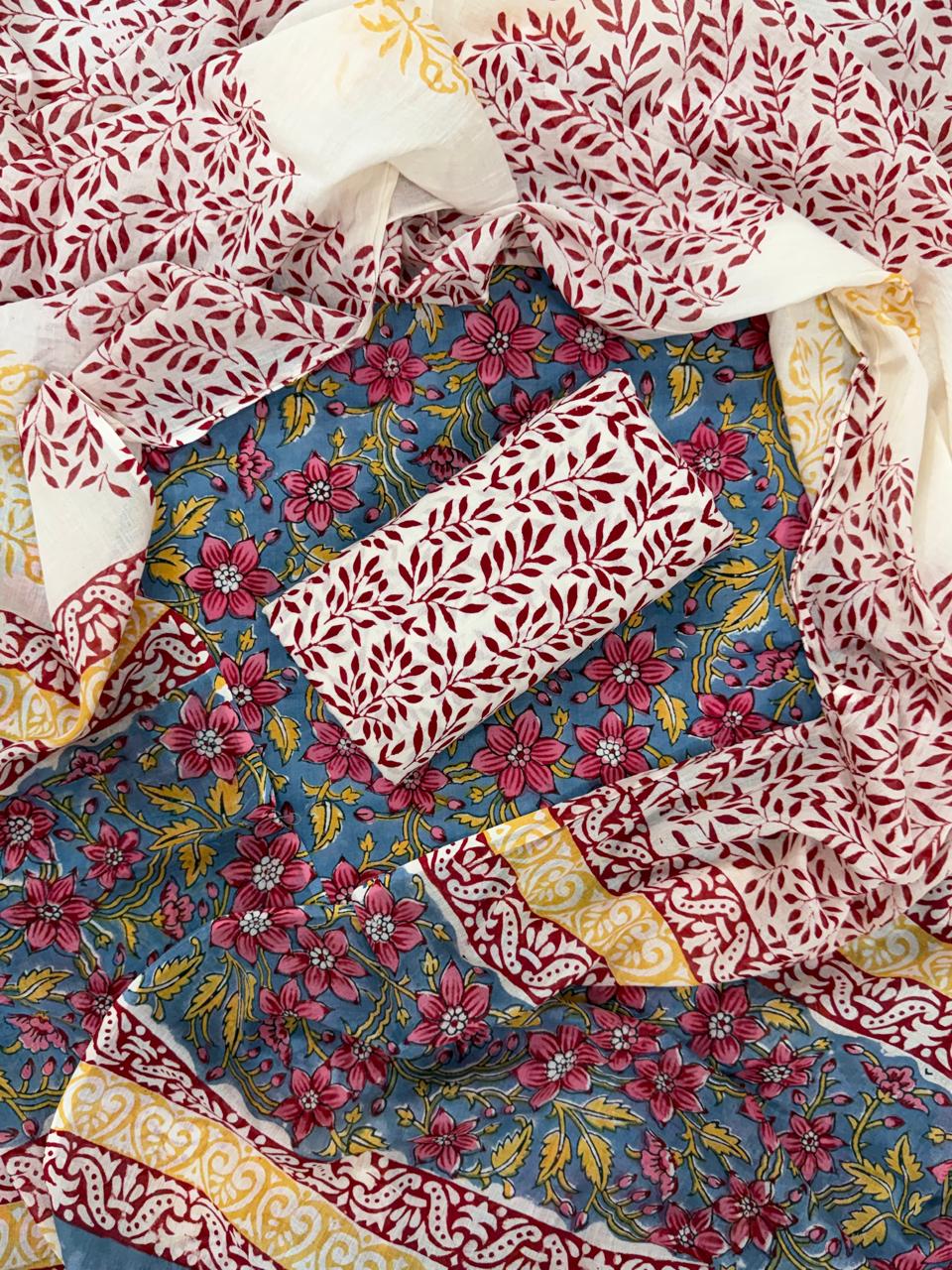 DESIGNER HAND BLOCK PRINT PURE COTTON SUIT WITH COTTON MULMUL DUPATTA (MALYS29)