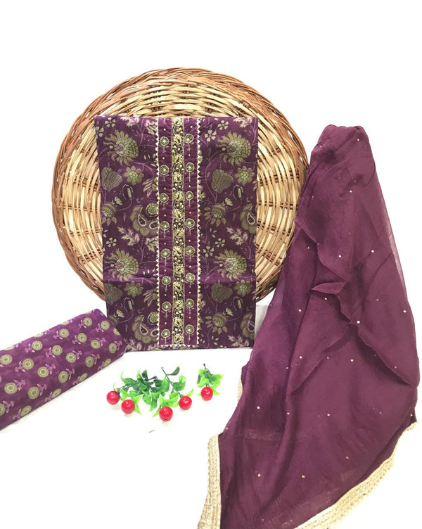 SANGANERI PRINT COTTON SUIT MATERIAL WITH CHIFFION DUPATTA  NECK WORK (GOTAYS143)