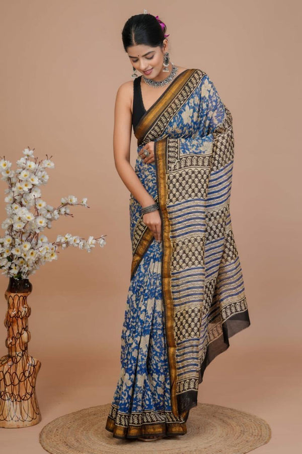 DESIGNER HAND BLOCK PRINTED  MAHESWARI  SILK SAREE  (MSYS04)
