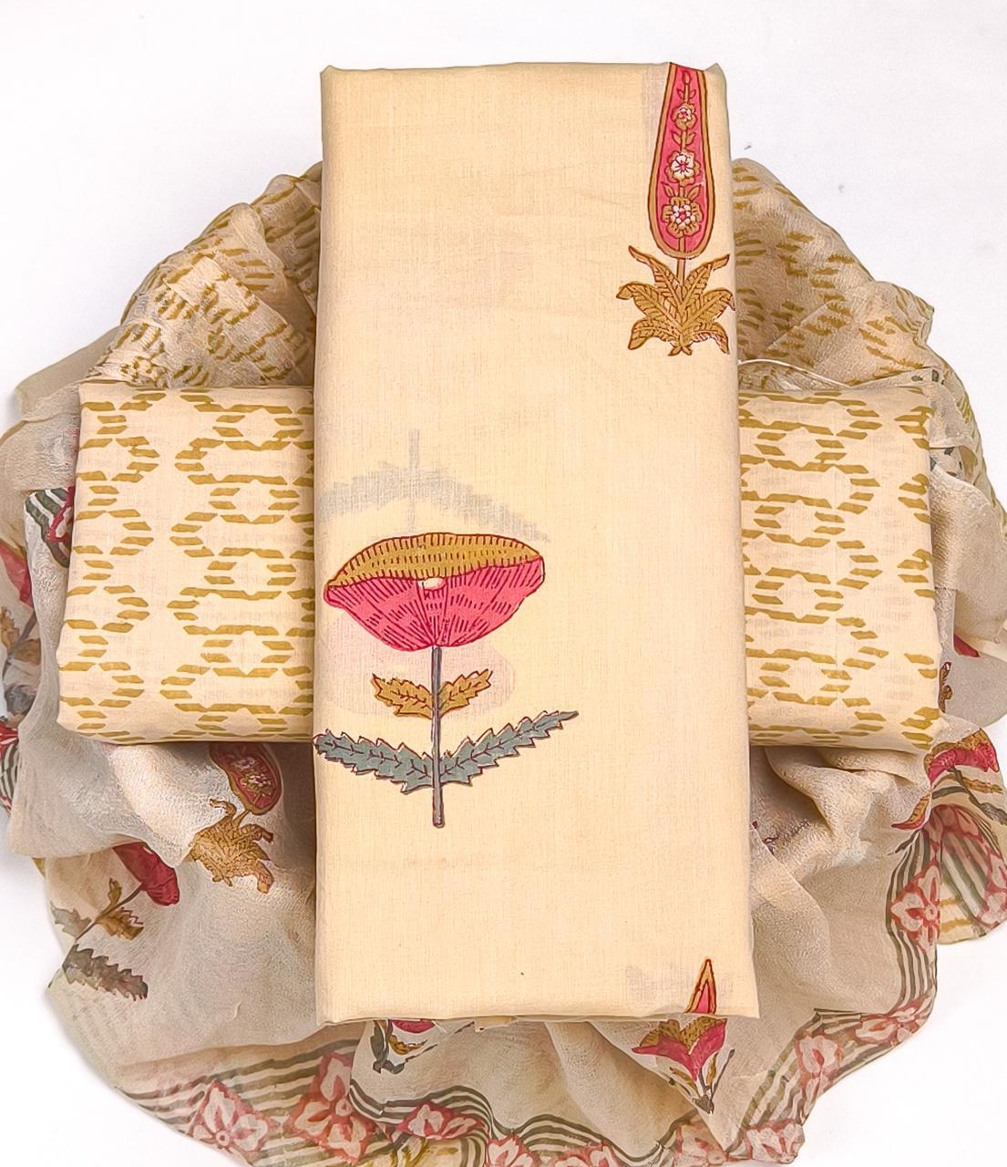 DESIGNER HAND BLOCK PRINT PURE COTTON SUIT WITH CHIFFON DUPATTA (PCHFYS147)