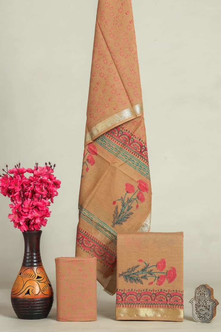 DESIGNER HAND BLOCK PRINT MAHESHWARI SILK SUIT SET (MSLYS54)