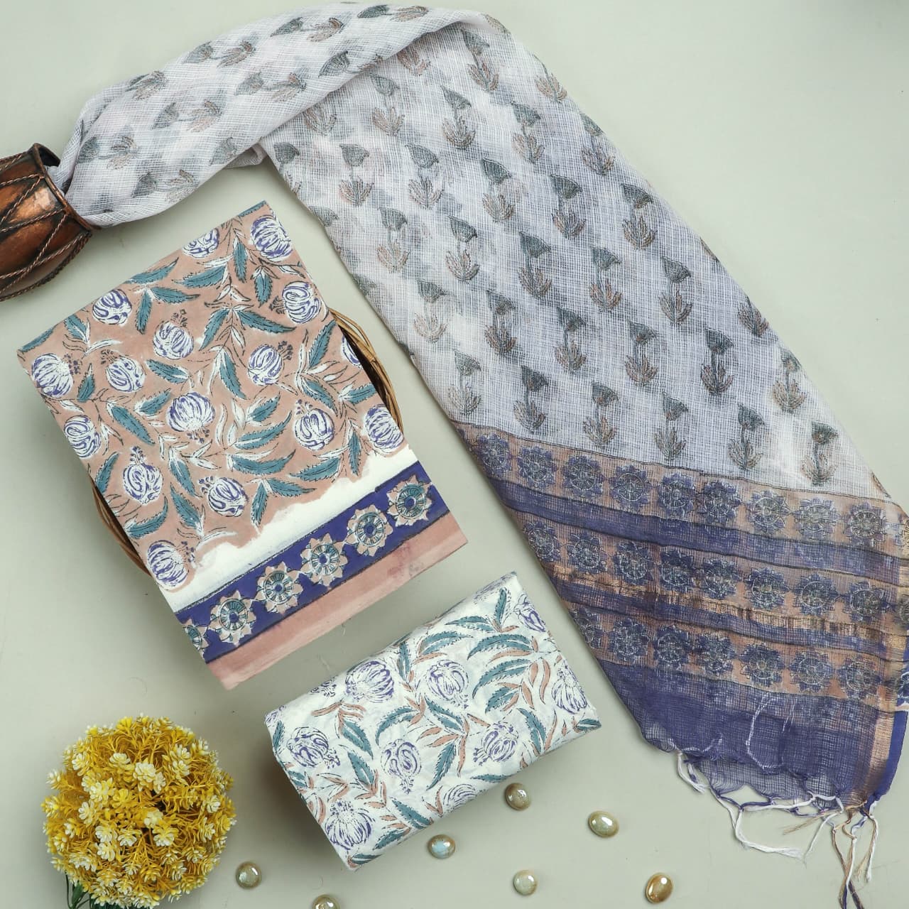 TRADITIONAL HAND HAND BLOCK PURE COTTON SUIT WITH KOTA DORIA DUPATTA (3CKDYS241)