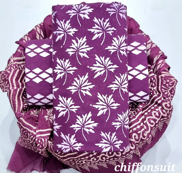 Designer  Hand Block Print  Pure Cotton Suit with Chiffon Dupatta (PCHFYS10)
