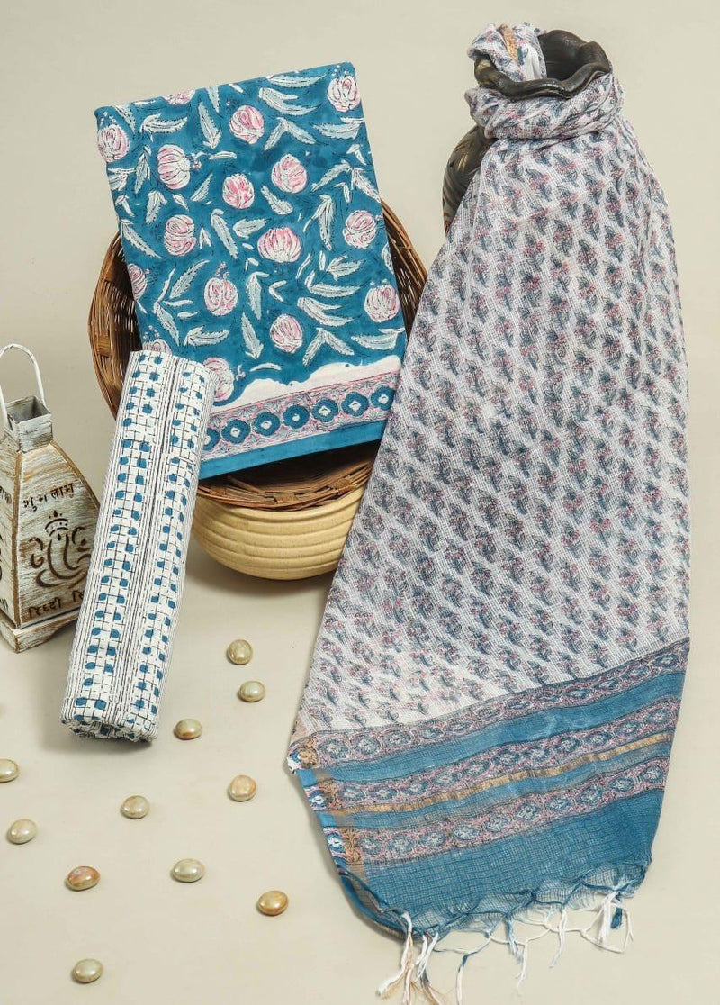 EXCLUSIVE HAND BLOCK PRINT PURE COTTON SUIT WITH KOTA DORIYA DUPTTA (3CKDYS172)