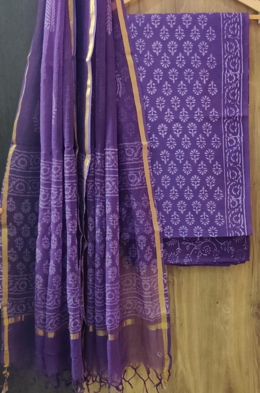 DESIGNER HAND BLOCK PRINT PURE COTTON SUIT MATERIAL WITH KOTA DORIA DUPATTA (3CKDYS82)