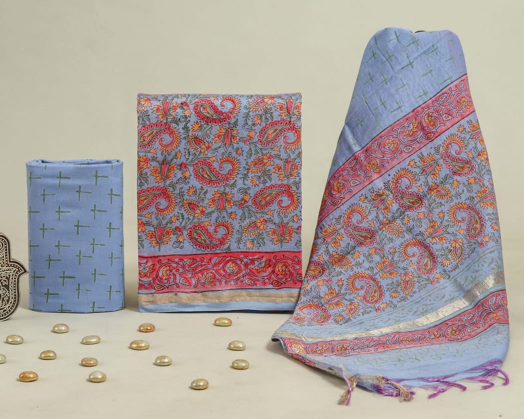 TRADITIONAL HAND BLOCK CHANDERI SILK SUIT SET WITH CHANDERI DUPATTA (CHDYS280)